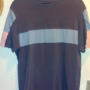 free planet t-shirt with small stripe and color block on sleeves and front